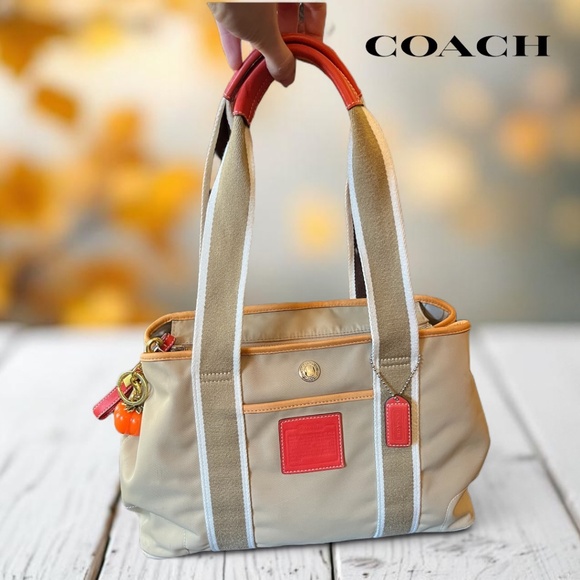 Authentic Coach Nylon Red Leather Trim Tote Bag Style 5656 Tan Shoulder Purse - Picture 1 of 16